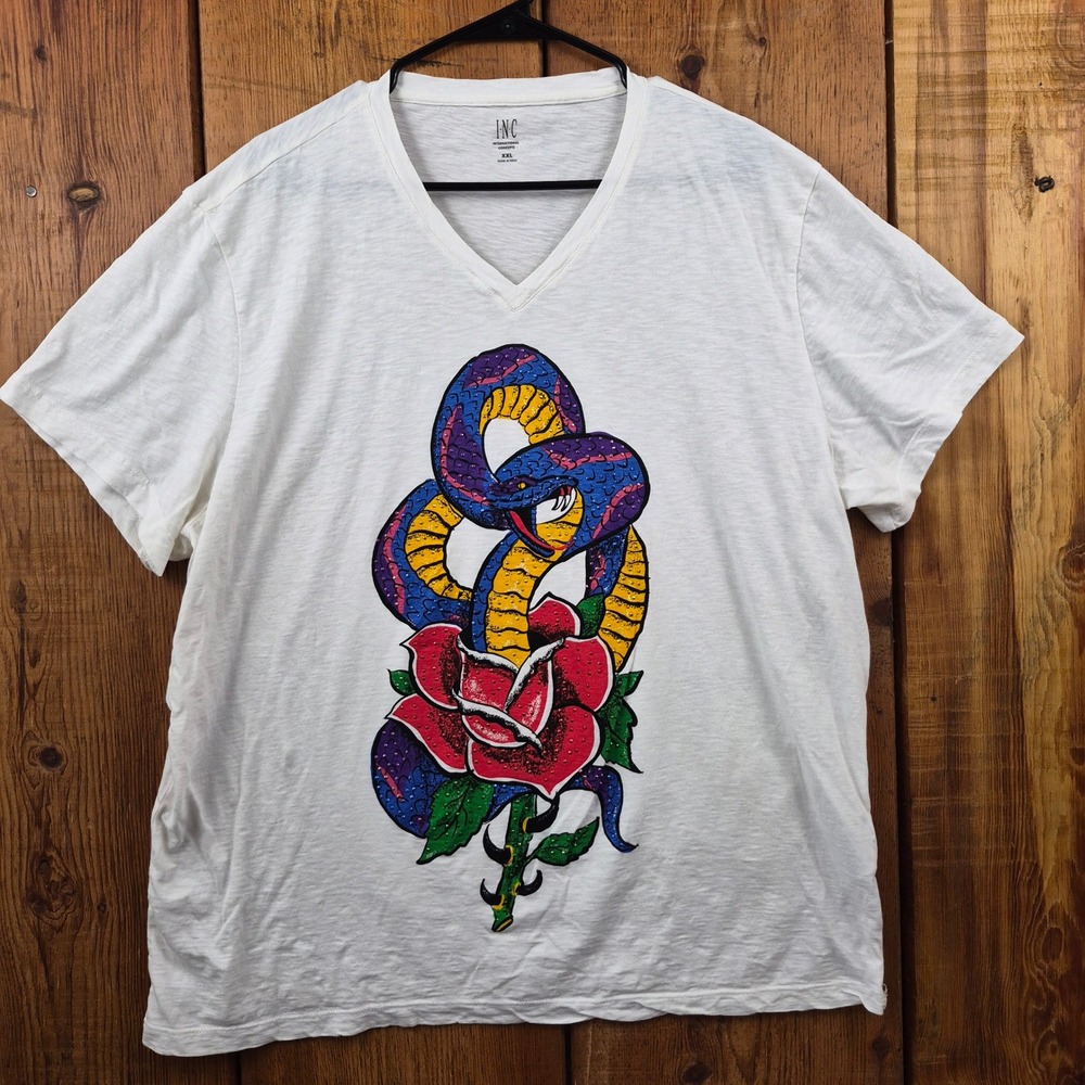 INC International Concepts Mens White Snake Rose Graphic V-Neck T-Shirt XXL